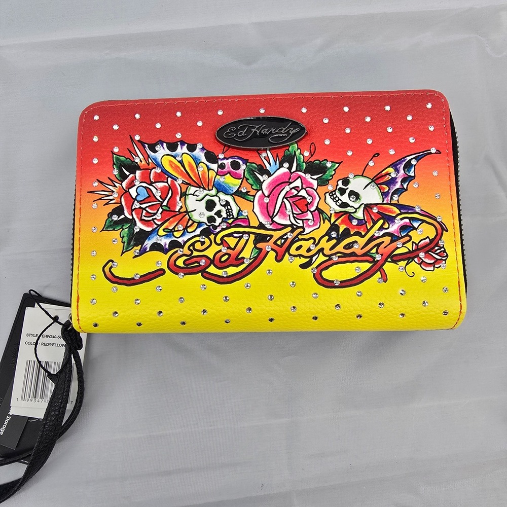 Ed Hardy Tattoo Print Rhinestone Double Zip Wristlet Wallet Red Yellow EHW240-56